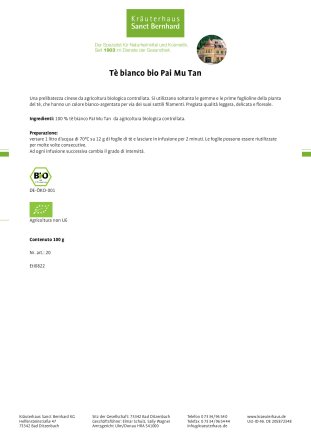 Tè bianco bio Pai Mu Tan 100 g