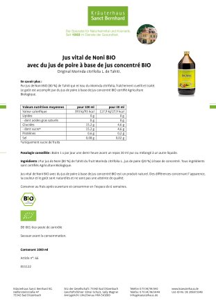 Jus vital de Noni BIO avec du jus de poire à  base de jus concentré BIO