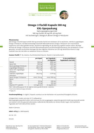 Omega-3 Fisch&ouml;l-Kapseln 500 mg XXL Sparpackung 1000 Kapseln