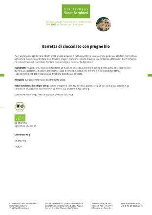 Barretta di cioccolato e prugne bio 40 g
