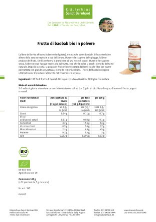 Frutto di baobab bio in polvere 160 g