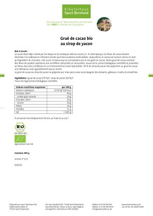 Grué de cacao bio  au sirop de yacon 400 g