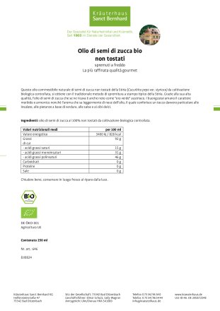 Olio di semi di zucca bio non tostati 250 ml