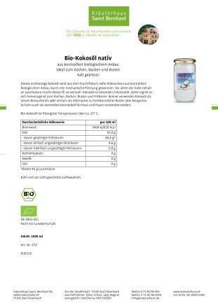 Bio-Kokos&ouml;l kalt gepresst 1000 ml