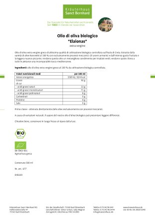 Olio di oliva biologico  "Elaionas" extra vergine 500 ml