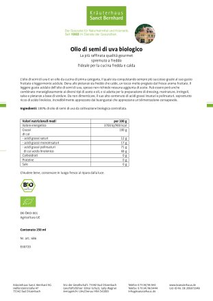 Olio di semi di uva biologico 250 ml