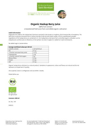 Organic Haskap Berry Juice