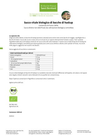 Succo vitale biologico di bacche di haskap
