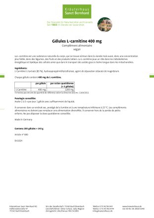 Gélules L-carnitine 400 mg 200 gélules