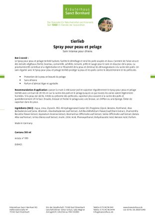 tierlieb Spray pour peau et pelage 500 ml