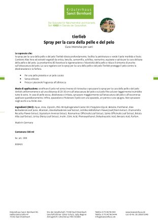 tierlieb Spray per la cura della pelle e del pelo 500 ml