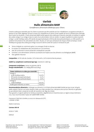 tierlieb Huile alimentaire BARF 500 ml