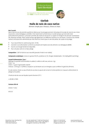 tierlieb Huile de noix de coco native pour chevaux, chiens et chats 500 ml
