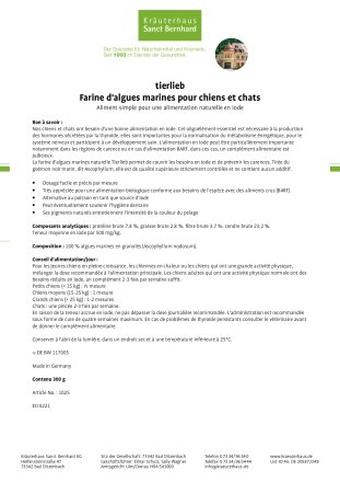 tierlieb Farine d'algues marines pour chiens et chats 300 g