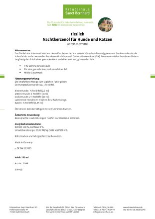 tierlieb Nachtkerzenöl für Hunde und Katzen 250 ml