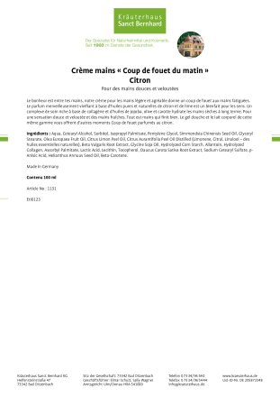 Crème mains « Coup de fouet du matin » Citron 100 ml