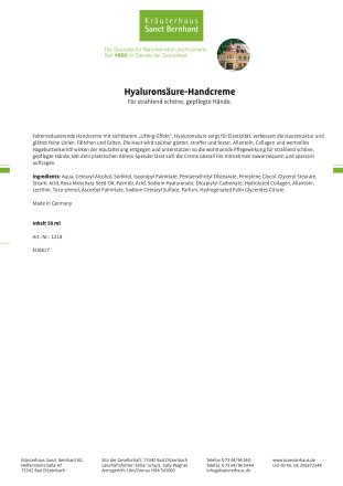 Hyalurons&auml;ure-Handcreme 50 ml