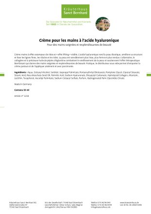Crème pour les mains à  l'acide hyaluronique 50 ml