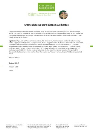 Crème cheveux cure intense aux herbes 100 ml