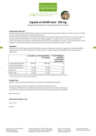 Capsule al mirtillo rosso 500 mg 90 capsule