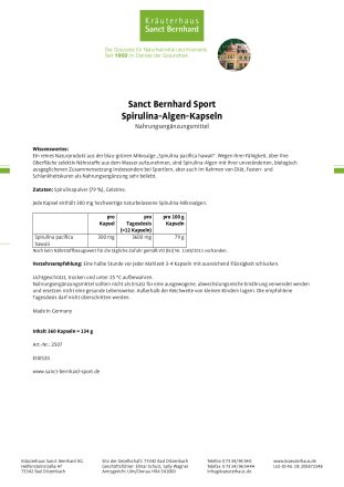Sanct Bernhard Sport Spirulina-Algen-Kapseln 360 Kapseln