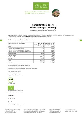 Sanct Bernhard Sport Bio-Aktiv-Riegel Cranberry 11er-Pack 440 g