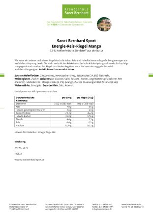 Sanct Bernhard Sport Energie Reis-Riegel Mango 20er-Pack 1000 g