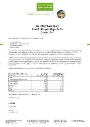 Sanct Bernhard Sport Protein-Krispie-Riegel Cappuccino 50 g
