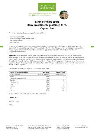 Sanct Bernhard Sport Barre croustillante protéinée Cappuccino 50 g