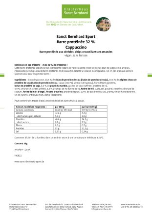 Sanct Bernhard Sport Barre protéinée 32 % Cappuccino 35 g