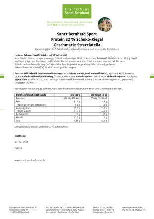Sanct Bernhard Sport  Protein 32 % Schoko-Riegel Geschmack: Stracciatella 35 g