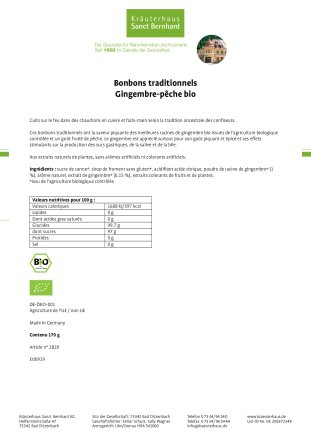 Bonbons traditionnels Gingembre-pêche bio 170 g