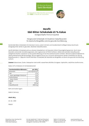 Herzfit Edel-Bitter-Schokolade 65 % Kakao 100 g