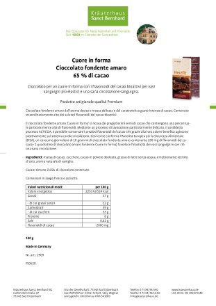 Cuore in forma Cioccolato fondente amaro 65 % di cacao 100 g