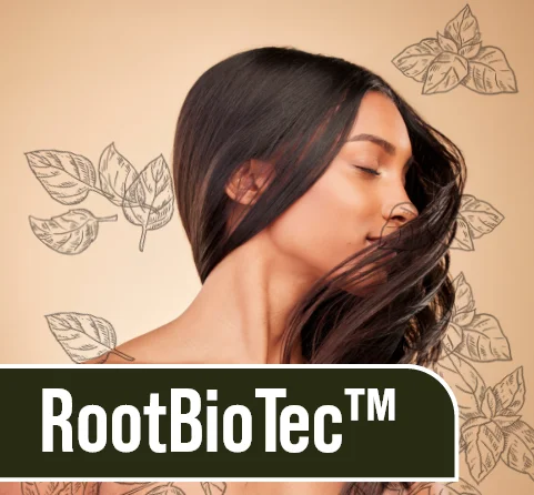 Brünette Frau schüttelt ihren Kopf seitliche und ihr Haare legen sich in einem Wirbel um ihren Kopf, die Schrift 