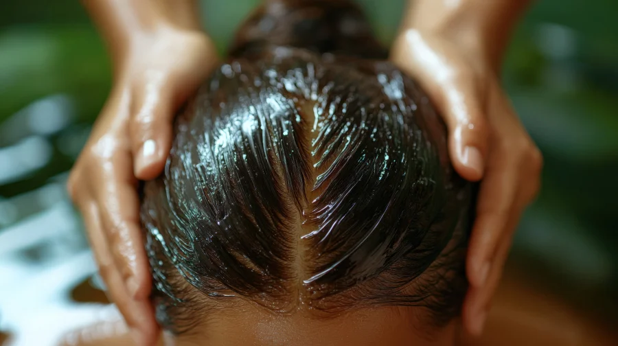 Kopfhaut einer Frau mit öligem Film und zwei zarten Händen