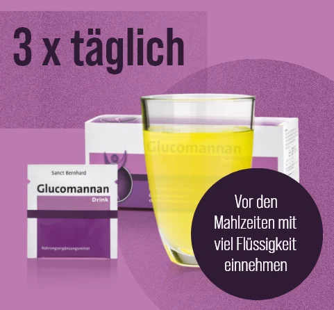 Das Produkt Glucomannan vor einem lila Hintergrund.